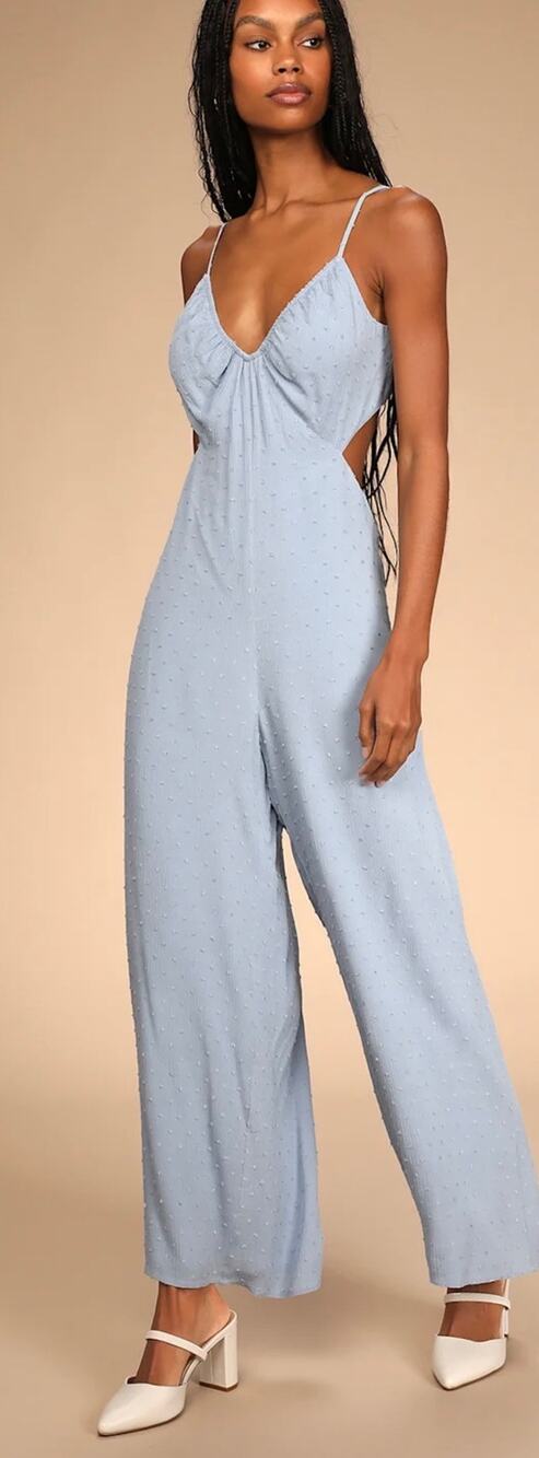 Lulus Darling Ties Light Blue Swiss Dot Tie-Back Wide-Leg Jumpsuit Size M